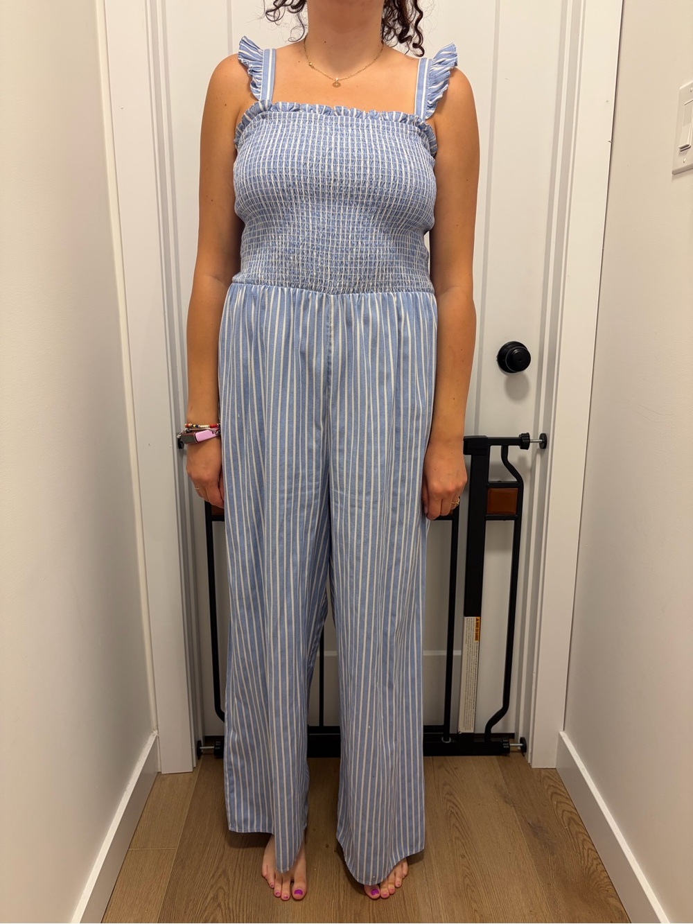 Striped Smocked Wide-Leg Jumpsuit in Blue & White